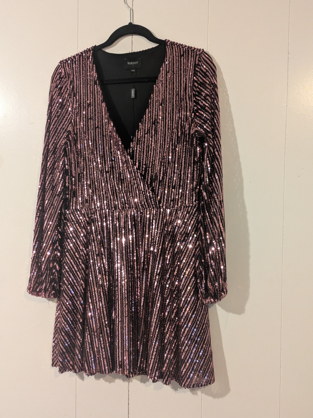 Bardot Rose Metallic Sequin Long-Sleeve V-Neck Dress